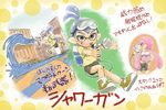  1girl bike_shorts blue_eyes blue_hair child domino_mask goggles goggles_on_head hand_on_hip hose ink_tank_(splatoon) inkling mask mitsui_jun pink_eyes pink_hair pointy_ears ponytail running shipping_container shirt shorts sidelocks smile splatoon_(series) splatoon_1 squid t-shirt tentacle_hair translation_request 