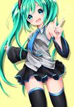  akira_ry0 aqua_eyes aqua_hair bad_id bad_pixiv_id cowboy_shot dated detached_sleeves hatsune_miku long_hair nail_polish necktie skirt solo thighhighs twintails twintails_day v very_long_hair vocaloid yellow_background 