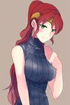  breasts chuu forehead_protector green_eyes large_breasts long_hair ponytail pyrrha_nikos red_hair ribbed_sweater rwby sleeveless sleeveless_turtleneck smile solo sweater turtleneck 