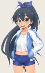  antenna_hair aqua_eyes belly_peek black_hair candy denim denim_shorts fang food food_in_mouth ganaha_hibiki hair_ribbon hamster hamuzou hands_in_pockets idolmaster idolmaster_(classic) jacket letterman_jacket lollipop long_hair looking_at_viewer mamezou midriff mouth_hold navel open_clothes open_jacket ponytail ribbon short_shorts shorts solo 