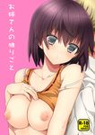  1girl :o bare_shoulders blonde_hair blush bra_strap breasts brown_hair collarbone cover cover_page doujin_cover finger_marks grey_eyes kaburagi_sui large_breasts looking_at_viewer nipples nishio_rina pink_background shiny shiny_hair shiny_skin shirt_lift short_hair solo_focus soukyuu_no_fafner strap_slip sumomo_(peach-breath) tank_top upper_body 