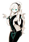  bodysuit breasts cleavage downscaled hair_ornament headphones ken_(koala) long_hair looking_at_viewer md5_mismatch medium_breasts neon_trim open_mouth original ponytail resized simple_background skin_tight smile solo white_background wristband 