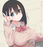  black_hair blue_eyes bow breast_rest breasts classroom desk edogawa_nao hair_between_eyes highres large_breasts listening looking_at_viewer looking_back original school_desk school_uniform sitting smile solo_focus sweater taut_clothes 
