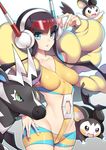  bangs bike_shorts black_hair blue_eyes blunt_bangs blush breasts commentary_request covered_nipples crop_top emolga fuya_(tempupupu) gen_5_pokemon gym_leader headphones kamitsure_(pokemon) looking_at_viewer medium_breasts navel pokemon pokemon_(creature) pokemon_(game) pokemon_bw2 short_hair sidelocks skin_tight visor zebstrika 