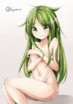  artist_name breasts covering covering_breasts fuyu_mi green_eyes green_hair groin kantai_collection long_hair nagatsuki_(kantai_collection) navel nude small_breasts soap_bubbles solo tears 