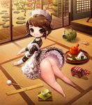  anatomical_nonsense ass bad_anatomy bad_id bad_pixiv_id brown_eyes brown_hair candlefish food frills garden green_tea indoors kayari_buta little_nurse looking_at_viewer maid mascot matches mentholatum no_panties onigiri porch ruler short_hair side_handle_teapot smile solo stone tatami tea teapot 