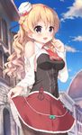  absurdres blonde_hair braid breasts cloud day ezoshika florence_cathedral french_braid hat highres italy kantai_collection large_breasts long_hair mini_hat miniskirt open_mouth pantyhose purple_eyes skirt skirt_hold sky smile solo wavy_hair zara_(kantai_collection) 