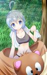  animal_costume blue_eyes blue_hair breasts cleavage medium_breasts original outdoors panties rankiryuu short_hair solo sports_bra underwear 