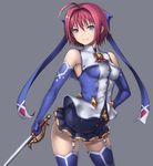  bare_shoulders blue_eyes blue_gloves blue_legwear breasts elbow_gloves garter_straps gloves grey_background hand_on_hip holding holding_sword holding_weapon katagiri_(a1466502) looking_at_viewer medium_breasts original purple_hair rapier short_hair sitting smile solo sword thighhighs weapon 