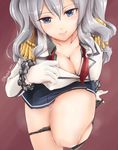  akatsuki_akane black_panties blue_eyes breasts cleavage epaulettes gloves highres jacket kantai_collection kashima_(kantai_collection) kerchief large_breasts miniskirt panties panty_pull pleated_skirt silver_hair skirt smile solo twintails twitter_username underwear undressing wavy_hair wet white_gloves 