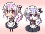  alternate_costume bow c: chibi chocolate chocolate_heart commentary_request destroyer_hime enmaided feiton hair_bow hair_ribbon harusame_(kantai_collection) heart highres holding kantai_collection kuchiku_i-kyuu long_hair maid maid_headdress multiple_girls pale_skin parody psychogun purple_eyes purple_hair ribbon shinkaisei-kan silver_hair smile space_adventure_cobra valentine 