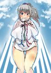  ass_visible_through_thighs blue_eyes blue_sky cloud cloudy_sky day grey_hair heiseikorotaisei highres hips japanese_clothes kariginu knees_together long_sleeves looking_at_viewer mononobe_no_futo no_hat no_headwear no_pants panties ponytail sky solo tearing_up thigh_gap touhou underwear wavy_mouth white_panties wide_sleeves 