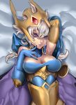  archon_(crusaders_quest) armpits blue_gloves breasts cleavage crown crusaders_quest elbow_gloves forehead_jewel gloves highres kumiko_shiba large_breasts lying on_back purple_eyes silver_hair solo 