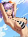  &gt;:) 2016 adapted_costume armpits arms_behind_head arms_up artist_name bangs beads bikini_top blue_eyes blush breasts closed_mouth cloud collarbone concentric_circles condensation_trail dagashi_kashi day english flower hair_flower hair_ornament hairband hibiscus highres large_breasts lips outdoors pearl purple_hair shidare_hotaru short_hair sideboob smile smirk solo tan tsurime upper_body v-shaped_eyebrows watermark web_address yiqiang 