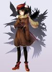  ankle_boots arm_at_side bad_id bad_pixiv_id beige_scarf belt bird black_gloves black_hair black_legwear black_ribbon black_skirt black_wings blush boots brown_coat cibo_(killy) closed_mouth coat crow expressionless feathers flat_cap full_body gloves grey_background hand_on_own_chest hat mask mask_on_head pantyhose pom_pom_(clothes) red_eyes red_footwear red_hat ribbon scarf shameimaru_aya sheath sheathed simple_background skirt sleeves_past_wrists solo standing sword touhou tsurime weapon wings 