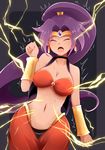  arano_oki bandeau bare_shoulders breasts cleavage closed_eyes collarbone earrings electrocution gauntlets harem_outfit harem_pants high_ponytail highres jewelry large_breasts long_hair midriff navel open_clothes open_mouth open_vest pants ponytail purple_hair revision shantae_(character) shantae_(series) solo sweat tiara trembling very_long_hair vest wide_hips 