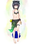  :o =_= arm_at_side bangs bare_shoulders barefoot bikini black_bikini black_bow black_hair blue_eyes blunt_bangs book bow breasts choker cleavage clenched_hand clinging collarbone creature expressionless eyebrows eyebrows_visible_through_hair frilled_bow frills front-tie_top full_body green_ribbon hair_bow hand_up holding holding_book leg_garter looking_at_viewer midriff navel original parted_lips pigeon-toed ribbon short_hair side_slit small_breasts solo standing stomach swimsuit teeth toes tsurime wince zucchini 