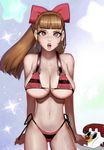  adapted_costume bikini blossom_(ppg) bow breasts brown_hair cartoon_network cleavage hair_bow hair_ribbon large_breasts long_hair looking_at_viewer navel older open_mouth powerpuff_girls red_eyes ribbon solo stomach swimsuit villagerandy_rand 