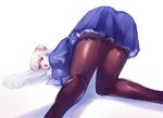  :d blue_dress brown_legwear capcom_fighting_jam capelet dress fine_fabric_emphasis from_behind gloves hairpods highres ingrid kneepits long_hair long_sleeves looking_at_viewer negresco open_mouth pantyhose red_eyes road silver_hair smile solo street teeth tsurime uniform white_gloves 