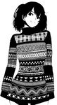  absurdres dress greyscale head_tilt highres messy_hair monochrome original patterned rur_(ml_ruru) short_hair sleeves_past_wrists smile solo sweater sweater_dress twintails 