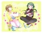  1girl :t apron brown_hair cake casual closed_eyes doily eating food frame fruit full_body green_hair hajikero_(mimizu) happy_birthday hood hooded_track_jacket indian_style jacket my-hime okuzaki_akira sitting slippers star strawberry strawberry_shortcake striped striped_background tokiha_takumi track_jacket whipped_cream 