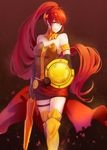  breasts dre elbow_gloves forehead_protector gloves green_eyes highres long_hair medium_breasts polearm ponytail pyrrha_nikos red_hair rwby shield smile solo spear weapon 