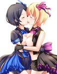  bangs blonde_hair blue_hair blush breasts closed_eyes couple dress french_kiss from_side gloves hair_ornament hayami_kanade highres idolmaster idolmaster_cinderella_girls kiss large_breasts md5_mismatch midriff miyamoto_frederica multiple_girls nipples open_mouth parted_bangs short_hair skirt tongue tongue_out tulip_(idolmaster) vest yoshimo yuri 