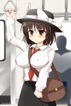 bad_id bad_pixiv_id bag banned_artist between_breasts black_eyes black_hair bouncing_breasts breasts ground_vehicle hat hat_ribbon impossible_clothes kisaragi_zwei large_breasts necktie necktie_between_breasts ribbon shirt shoulder_bag skirt solo touhou train_interior usami_renko 