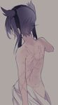  back bad_id bad_pixiv_id bare_back black_hair bruise cis_(carcharias) cuts from_behind hairband hatsuzuki_(kantai_collection) injury kantai_collection looking_back naked_sheet scar solo upper_body 
