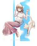  barefoot black_eyes brown_hair cat highres kowiru original outstretched_wrists short_hair skirt solo 