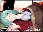 ^_^ aqua_hair border breasts cellphone cleavage closed_eyes collarbone commentary_request drooling food fruit green_hair hair_ornament hairclip hanten_(clothes) highres iphone japanese_clothes kantai_collection kotatsu lying mandarin_orange medium_breasts on_back on_floor open_mouth parted_lips phone recording sato_(samanosuke_0710) sleeping sliding_doors smartphone solo suzuya_(kantai_collection) table tatami under_table 