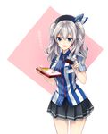  barcode_scanner beret blue_eyes employee_uniform hat ima_(luce365) kantai_collection kashima_(kantai_collection) lawson long_hair open_mouth silver_hair smile solo twintails uniform wavy_hair 