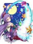  :3 black_gloves black_hat blue_background bow capelet cowboy_shot cure_magical elbow_gloves full_moon gem gloves hair_bow hat izayoi_liko long_hair looking_at_viewer looking_back magic magical_girl mahou_girls_precure! mini_hat mini_witch_hat moon naokado precure purple_eyes purple_hair purple_skirt red_bow red_hat skirt smile solo star witch_hat 