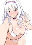  bikini breasts cleavage collar hairband idolmaster idolmaster_(classic) jabara_tornado large_breasts long_hair looking_at_viewer navel purple_eyes purple_hairband reaching_out self_shot shijou_takane silver_hair smile solo swimsuit v white_bikini 