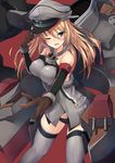  ;d absurdres adjusting_clothes adjusting_hat anchor bare_shoulders bismarck_(kantai_collection) black_panties blonde_hair blue_eyes breasts brown_gloves cannon elbow_gloves gloves grey_legwear hair_between_eyes hand_on_headwear hat highres iron_cross jewelry kantai_collection large_breasts long_hair looking_at_viewer machinery metindone military military_uniform neck_ring no_pants one_eye_closed open_mouth outstretched_arm panties pantyshot pantyshot_(standing) parted_lips peaked_cap red_background simple_background smile solo standing thighhighs turret underwear uniform 
