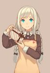  apron aqua_eyes bad_id bad_pixiv_id braid commentary_request grey_hair long_hair looking_at_viewer original peroncho simple_background smile solo twin_braids valentine 