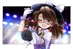  bow brown_eyes brown_hair glasses gloves hat hat_bow low_twintails microphone one_eye_closed open_mouth plaid red-framed_eyewear ribbon school_uniform shirt short_hair skirt smile solo suzune_yuuji touhou twintails usami_sumireko 