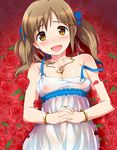  :d bare_shoulders blush bracelet breasts brown_hair cleavage covered_nipples cum cum_on_body dress facial flower hands_clasped happy happy_facial heart heart_necklace idolmaster idolmaster_cinderella_girls jewelry long_hair lying medium_breasts natsuya necklace on_back open_mouth own_hands_together rose smile solo strap_slip sweat totoki_airi twintails yellow_eyes 