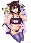  animal_ears artist_name ashita_(2010) bad_id bad_twitter_id bell bell_choker blush brown_hair cat_cutout cat_day cat_ear_panties cat_ears cat_lingerie choker cleavage_cutout dated green_eyes idolmaster idolmaster_cinderella_girls jingle_bell looking_at_viewer meme_attire navel no_shoes open_mouth panties paw_pose paw_print shibuya_rin side-tie_panties solo tail thighhighs underwear underwear_only 