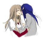  arm_grab blue_hair blush brown_hair casual closed_eyes couple from_behind fujino_shizuru happy imminent_kiss kuga_natsuki light_smile long_hair multiple_girls my-hime sketch ukkari_(ukkkkka_re) upper_body white_background yuri 