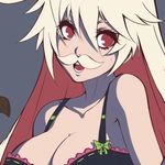  bow bow_bra bra breasts cleavage fake_facial_hair fake_mustache frilled_bra frills guilty_gear its_just_suppi jack-o'_valentine large_breasts long_hair multicolored_hair red_eyes solo source_request two-tone_hair underwear waifu2x 