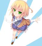  ascot blonde_hair blouse foreshortening from_above full_body green_eyes looking_at_viewer mizuhashi_parsee outstretched_arms pointy_ears sansai_(age3joe) shoes short_hair skirt smile socks solo standing touhou vest wristband 
