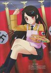  1girl :&lt; adolf_hitler apron arm_up armband art_brush black_hair black_legwear blush body_blush convenient_leg dictator female genderswap hair_ornament hairclip highres legs_crossed loafers long_hair mc_axis military military_uniform moe nazi nazi_flag necktie nonohara_miki paintbrush painting palette pleated_skirt real_life real_life_insert red_eyes representation scan shoes sitting skirt smock solo swastika translation_request uniform 