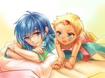  1boy 1girl bare_shoulders belt blonde_hair blue_eyes blue_hair blush chat dark_skin keele_zeibel long_hair lying open_mouth short_hair shorts tales_of_(series) tales_of_eternia 