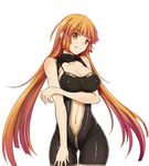  bangs bare_shoulders blunt_bangs bodysuit breast_hold breasts cleavage cowboy_shot grin highres large_breasts long_hair looking_at_viewer navel navel_cutout orange_eyes orange_hair sangai_senki shiro_haoto smile solo strap_gap sun_wukong_(sangai_senki) taut_clothes very_long_hair white_background 