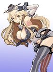  armpits blonde_hair breasts cleavage elbow_gloves garter_straps gloves grey_eyes hat iowa_(kantai_collection) iwasaki_takashi kantai_collection large_breasts leaning_forward long_hair miniskirt skirt solo striped striped_legwear thighhighs 