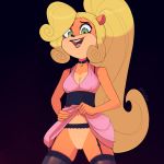  2018 alternate_costume anthro bandicoot black_background blonde_hair bottomless breasts choker cleavage clothed clothing coco_bandicoot crash_bandicoot_(series) digital_media_(artwork) dress edit female fitletter fur garter_straps green_eyes grin hair legwear long_hair looking_at_viewer mammal marsupial navel orange_fur presenting presenting_pussy pussy raised_skirt simple_background smile solo standing thigh_highs video_games 