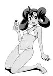  1girl bare_legs barefoot bikini breasts cum dark_skin feet female legs looking_at_viewer monochrome nintendo pokemon pokewalker sana_(pokemon) shiny_skin small_breasts smile solo swimsuit tamagoroo_(funifuni_labo) 