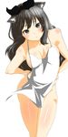  :o absurdres animal_ears apron black_eyes black_hair blake_belladonna blush bow breasts cat_ears cleavage cream_bread hair_bow highres large_breasts long_hair naked_apron rwby shiny shiny_skin solo white_background 