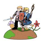  1girl armor blonde_hair boots braid carnivorous_plant dungeon_meshi elf hair_ribbon hill laios_(dungeon_meshi) marcille mushroom orange_eyes plant_monster pointy_ears ribbon sandals shield simple_background staff sword weapon white_background yellow_eyes yog 